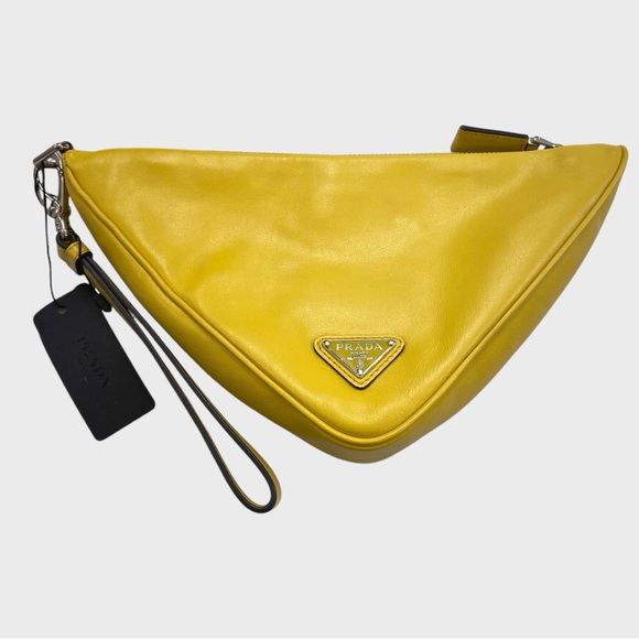 PRADA NWT Yellow Grace Leather Triangle Wristlet Pouch Detachable Strap - Picture 3 of 16